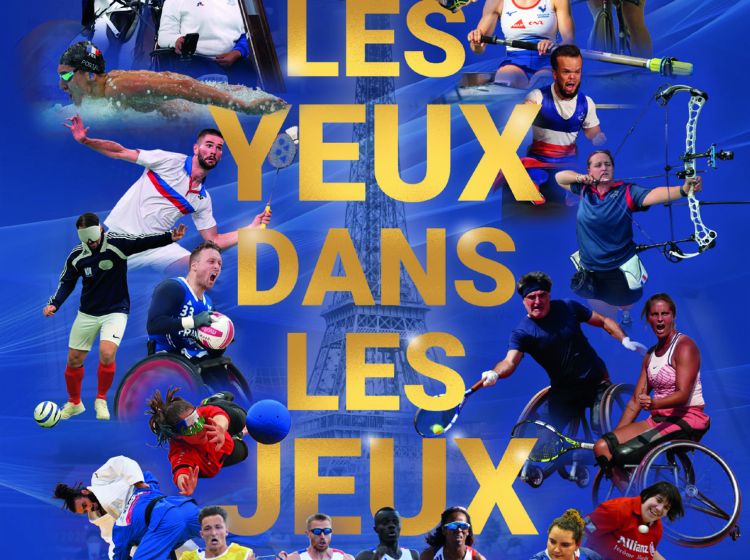 Illustration : Couverture du livre Les Yeux dans les Jeux représentant les vingt portraits d'athlètes paralympiques en action dans leurs disciplines respectives.
