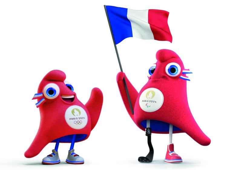 Illustration : deux mascottes des Jeux de Paris 2024, dont l'un tient fièrement le drapeau français.