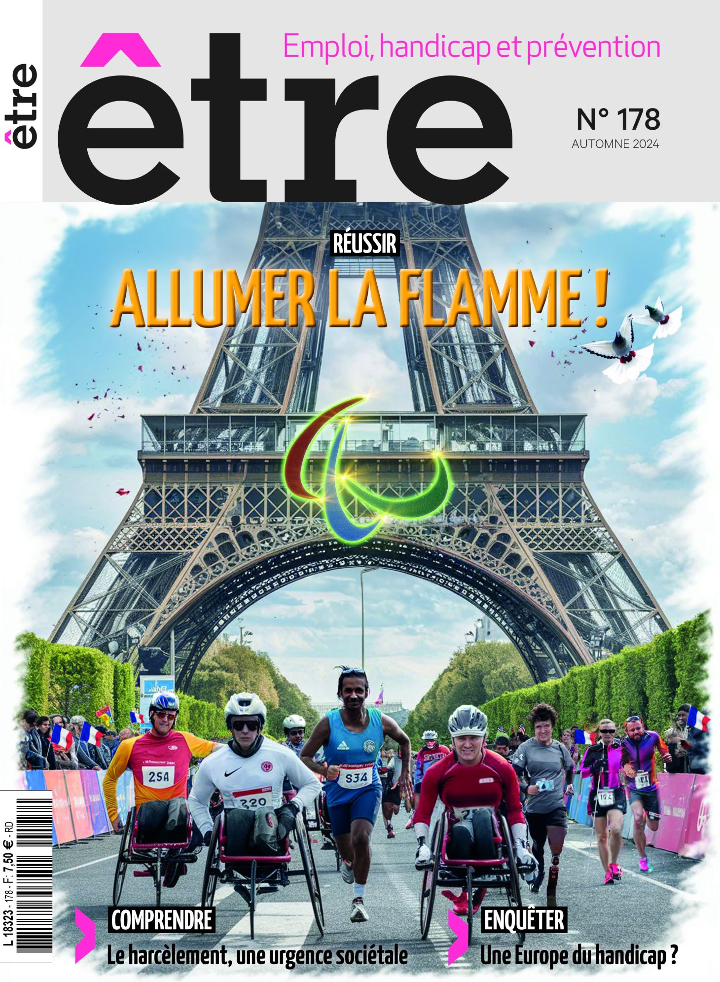 Titre : Allumer la flamme  Photo de une : Plan large. Dans le fond, la tour Eiffel, vue aux trois-quarts. Dessus, sont accrochés les Agitos, symbolisant les jeux Paralympiques. Sous la tour Eiffel, des para-athlètes courent. Trois sont en fauteuil roulant, un porte une prothèse, une coureuse, lunettes noires et canne blanche, est assistée d’un coureur voyant. Sur les côtés, le public, tenant des drapeaux tricolores, applaudit les sportifs.